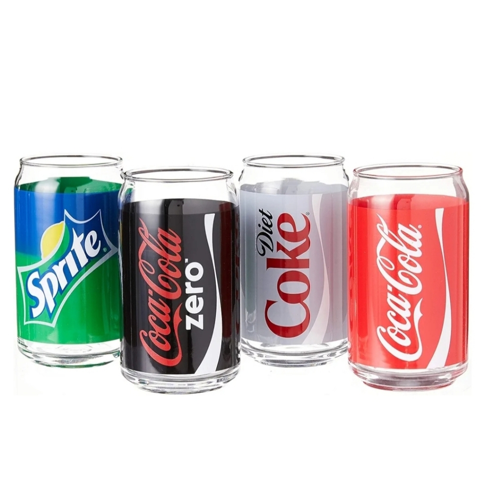 Luminarc Coca-Cola Assorted Decorated 16 oz. Glass Can 4 Piece Set.